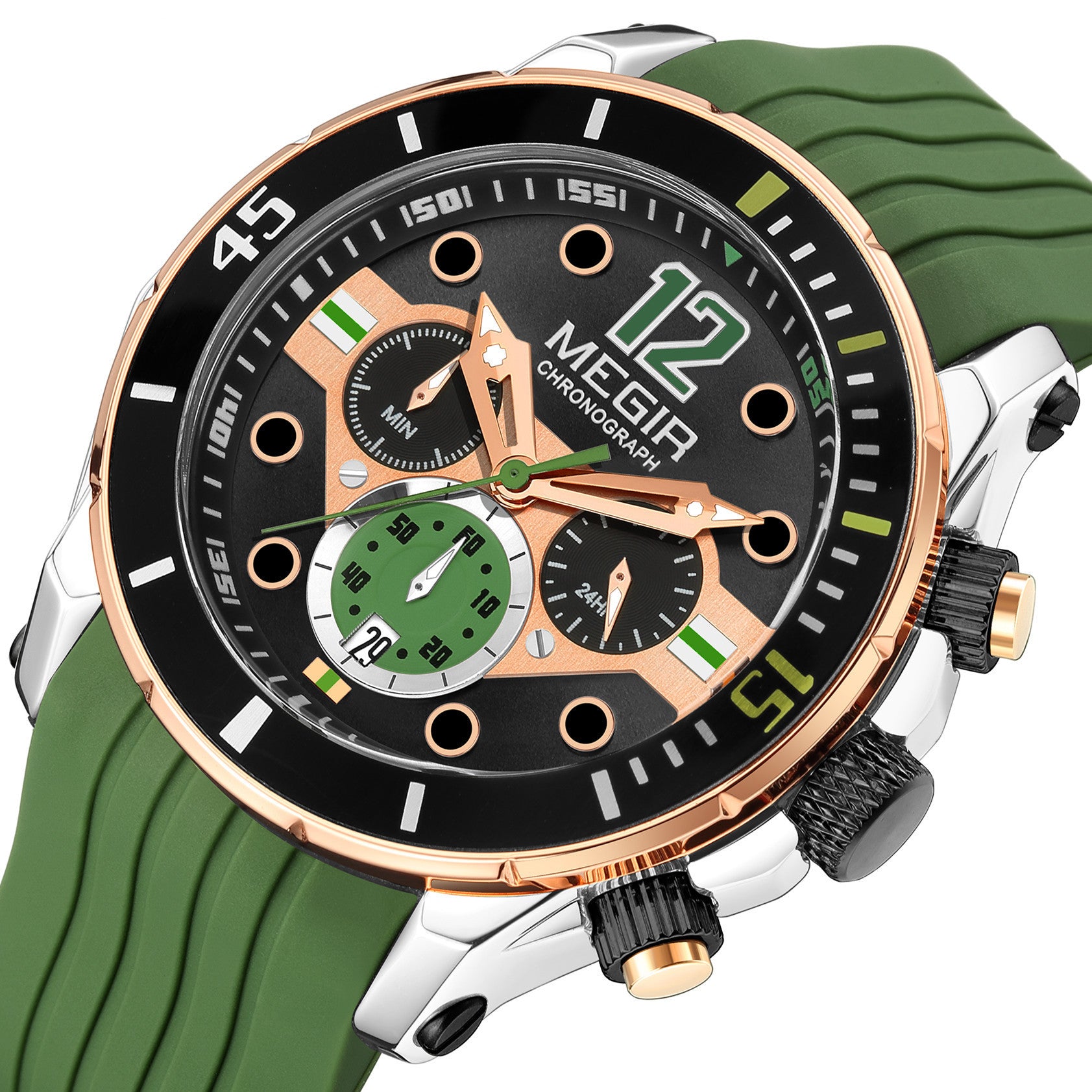 MEGIR Men's Sport Watches Chronograph Silicone Strap Waterproof Calendar Quartz Military Wristwatch Male Clock Relogio Masculino 2206