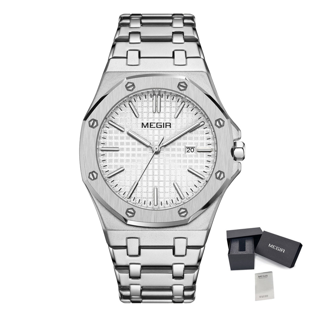 MEGIR Stainless Steel Bracelet Watch for Men Luxury Business Casual Watches Waterproof Calendar Quartz Wristwatch Men Gift Clock 1085