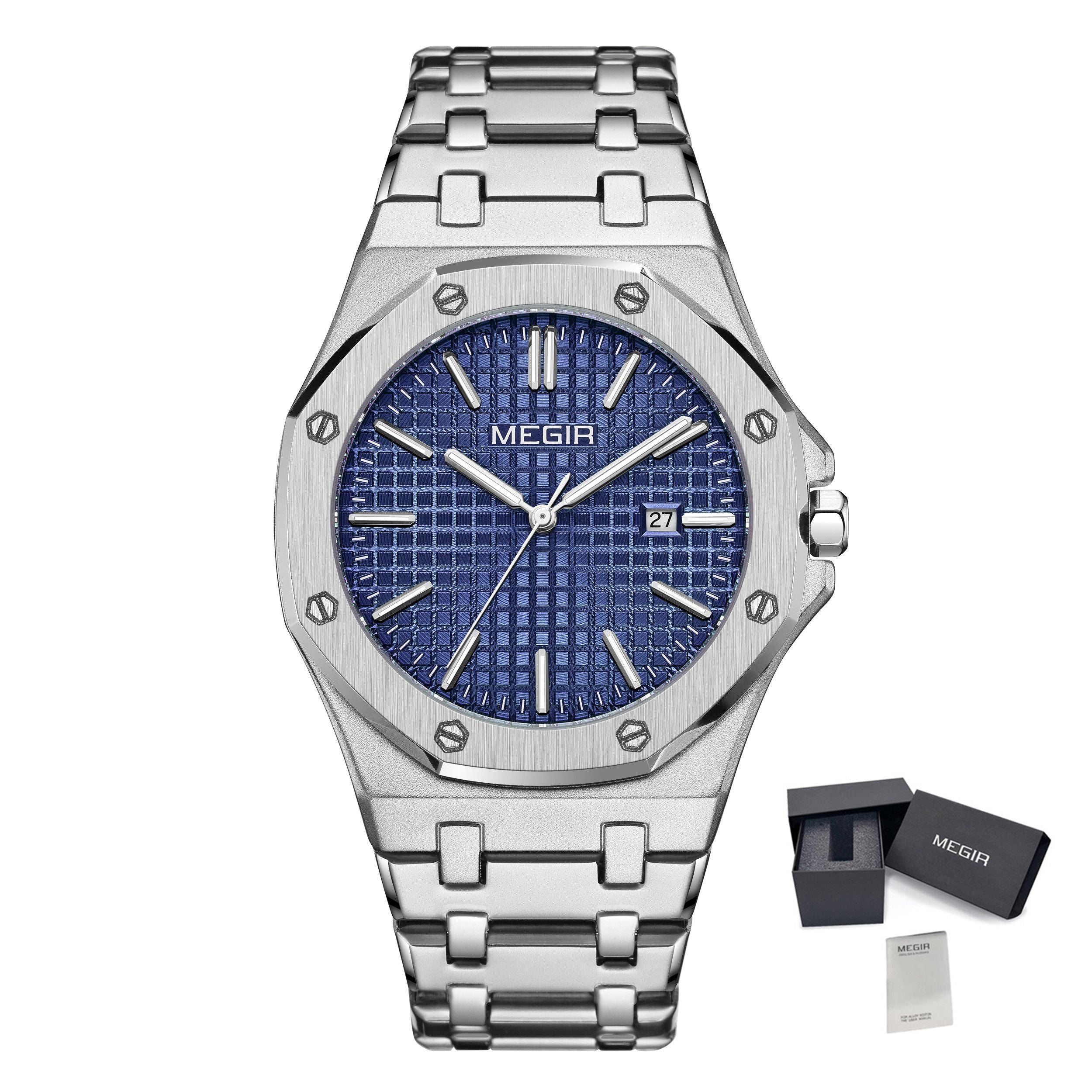 MEGIR Stainless Steel Bracelet Watch for Men Luxury Business Casual Watches Waterproof Calendar Quartz Wristwatch Men Gift Clock 1085