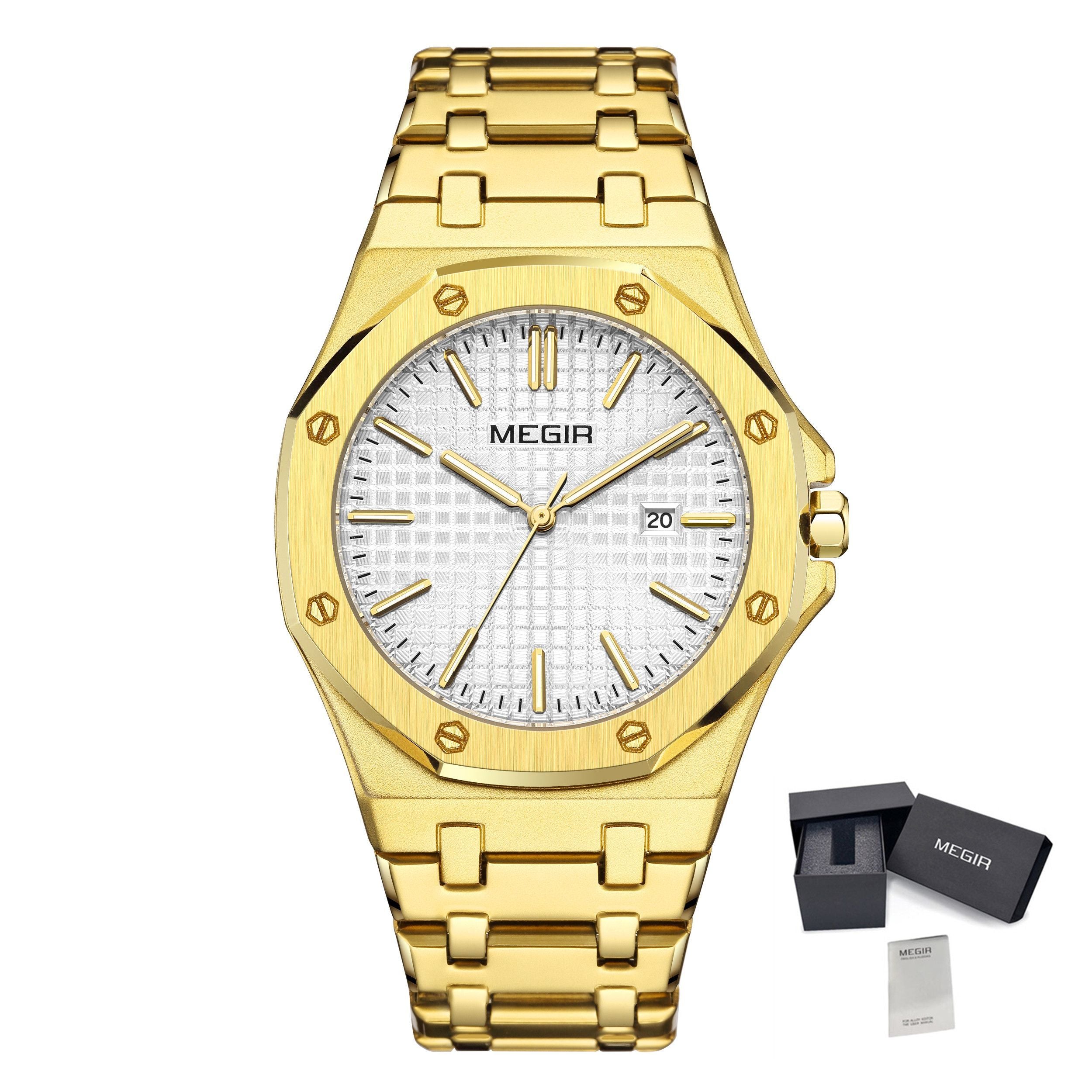 MEGIR Stainless Steel Bracelet Watch for Men Luxury Business Casual Watches Waterproof Calendar Quartz Wristwatch Men Gift Clock 1085