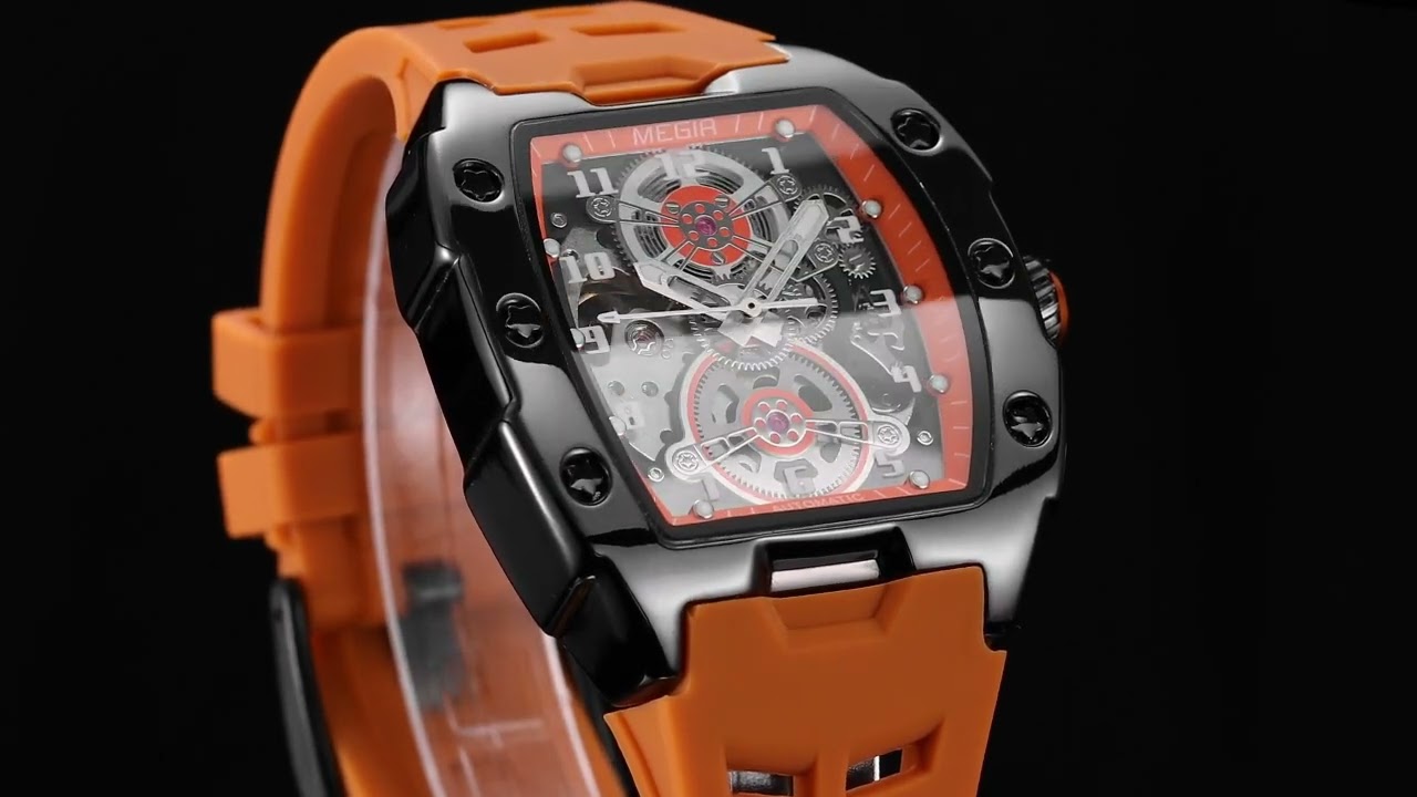 MEGIR New Men Watches Luxury Brand Automatic Mechanical Watch Skeleton Dial Silicone Strap Sports Casual Wristwatch Waterproof Clock Male Gift 8602