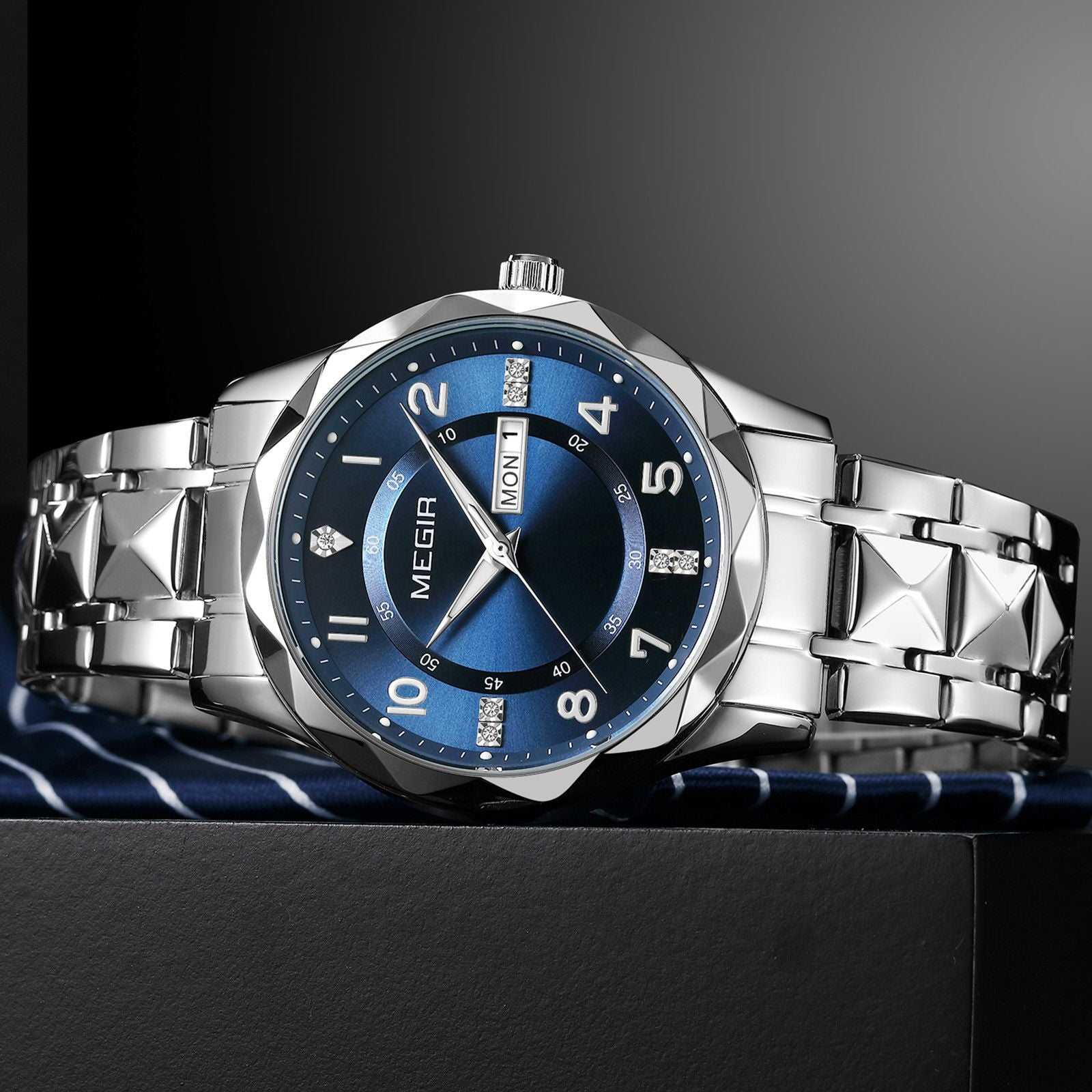 MEGIR Luxury Business Men Watches Stainless Steel Strap Clock Quartz Casual Wristwatch Waterproof Calendar Week Display 1093