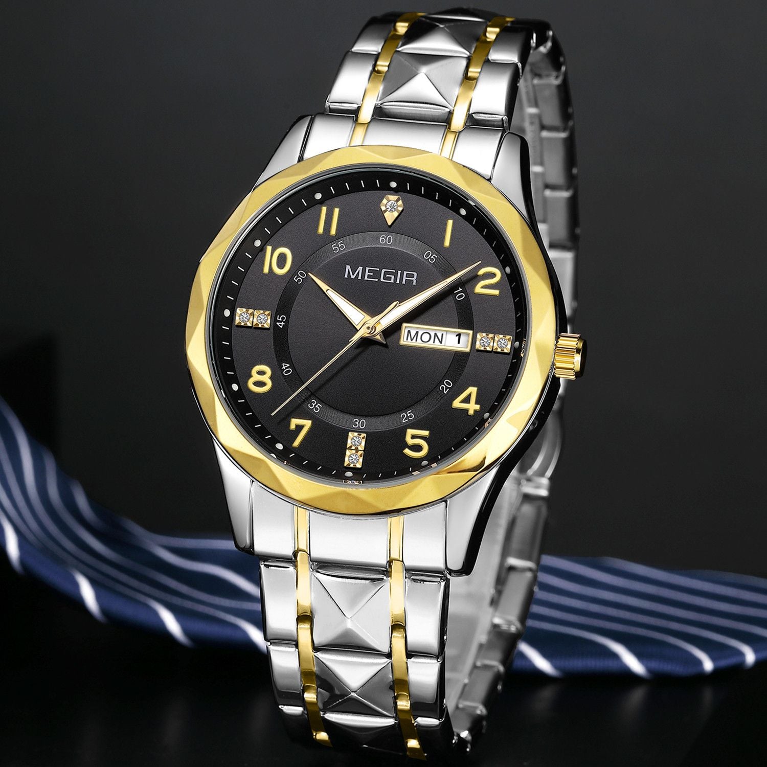 MEGIR Luxury Business Men Watches Stainless Steel Strap Clock Quartz Casual Wristwatch Waterproof Calendar Week Display 1093