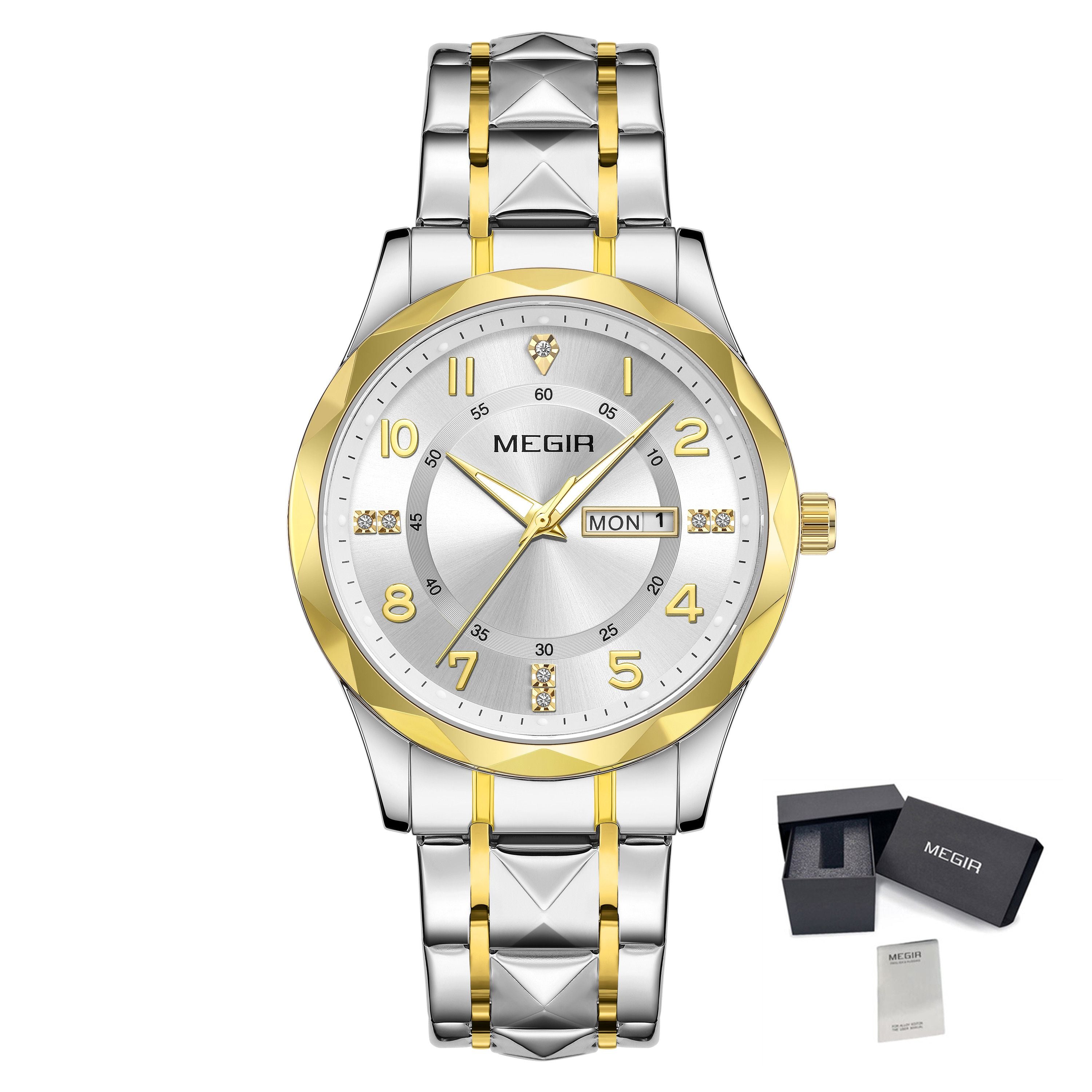 MEGIR Luxury Business Men Watches Stainless Steel Strap Clock Quartz Casual Wristwatch Waterproof Calendar Week Display 1093