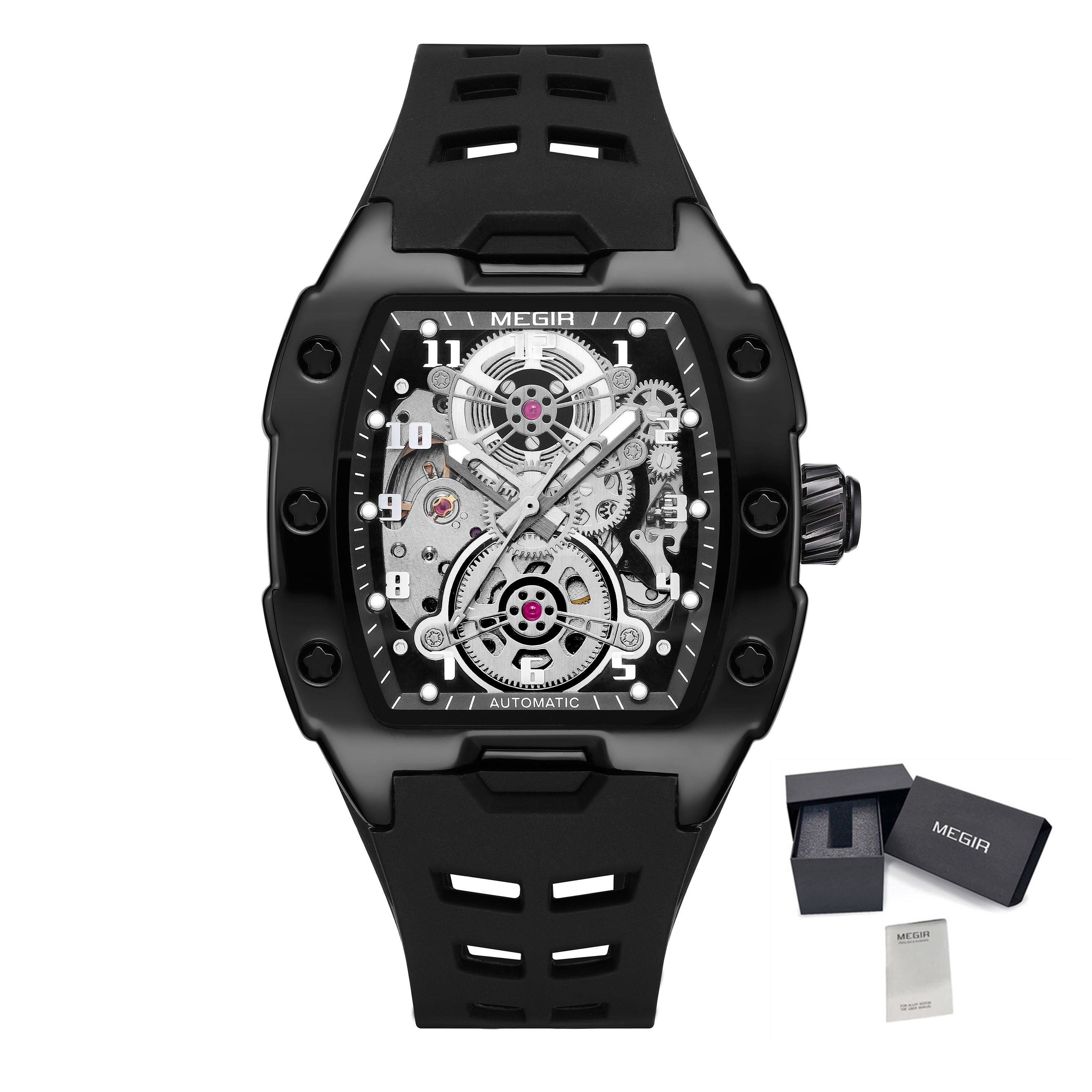 MEGIR New Men Watches Luxury Brand Automatic Mechanical Watch Skeleton Dial Silicone Strap Sports Casual Wristwatch Waterproof Clock Male Gift 8602