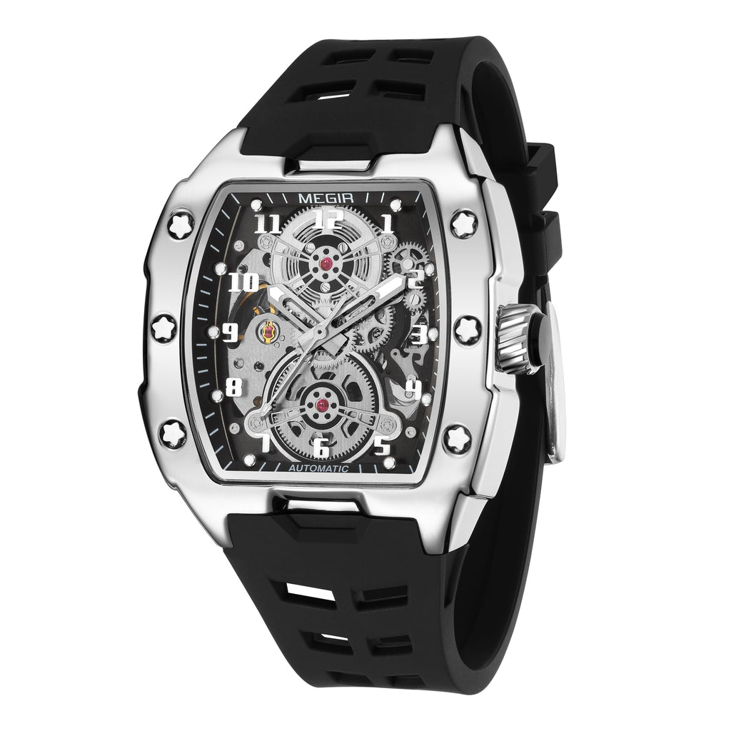 MEGIR New Men Watches Luxury Brand Automatic Mechanical Watch Skeleton Dial Silicone Strap Sports Casual Wristwatch Waterproof Clock Male Gift 8602