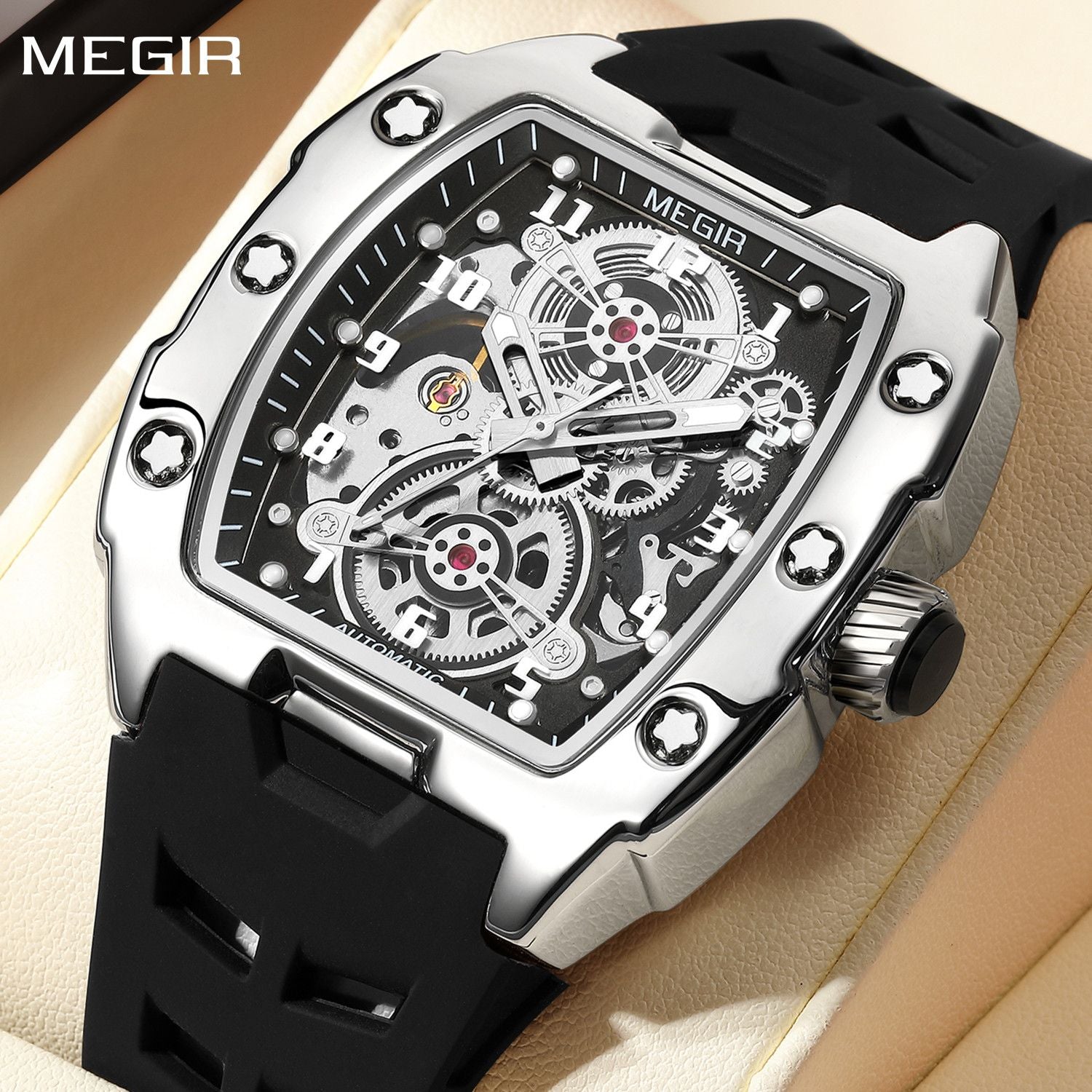 MEGIR New Men Watches Luxury Brand Automatic Mechanical Watch Skeleton Dial Silicone Strap Sports Casual Wristwatch Waterproof Clock Male Gift 8602