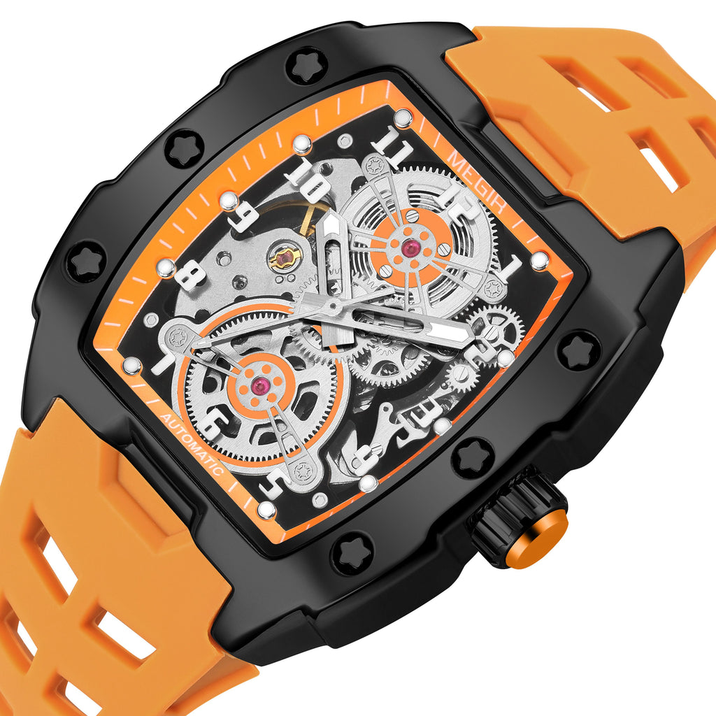 MEGIR New Men Watches Luxury Brand Automatic Mechanical Watch Skeleton Dial Silicone Strap Sports Casual Wristwatch Waterproof Clock Male Gift 8602