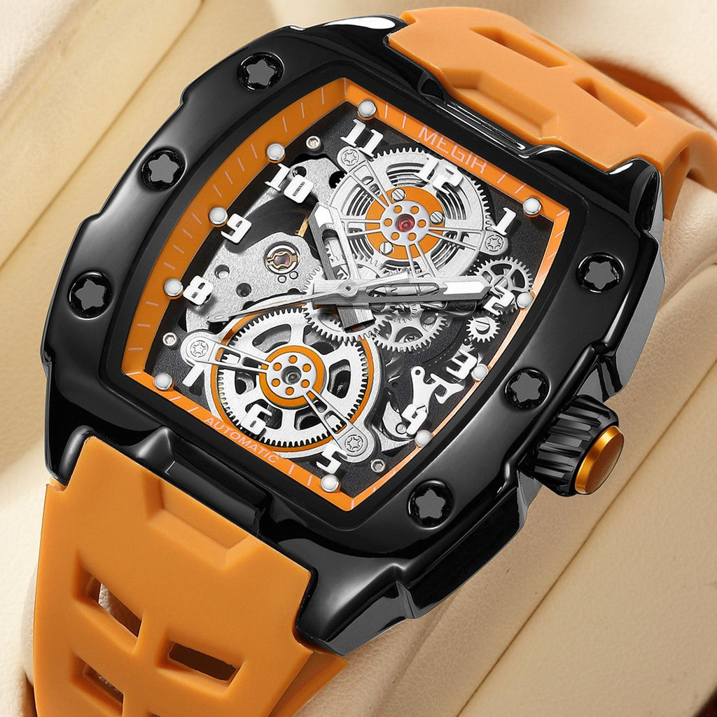 MEGIR New Men Watches Luxury Brand Automatic Mechanical Watch Skeleton Dial Silicone Strap Sports Casual Wristwatch Waterproof Clock Male Gift 8602