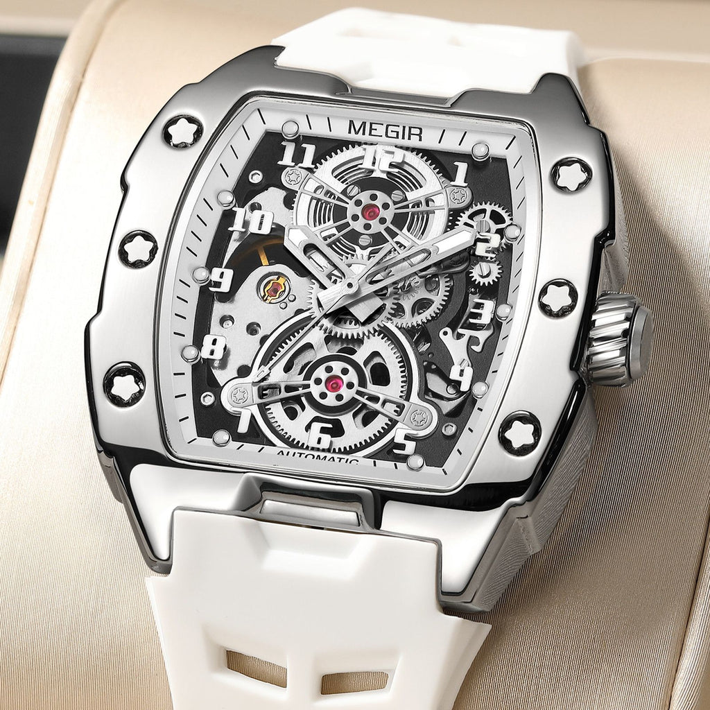 MEGIR New Men Watches Luxury Brand Automatic Mechanical Watch Skeleton Dial Silicone Strap Sports Casual Wristwatch Waterproof Clock Male Gift 8602