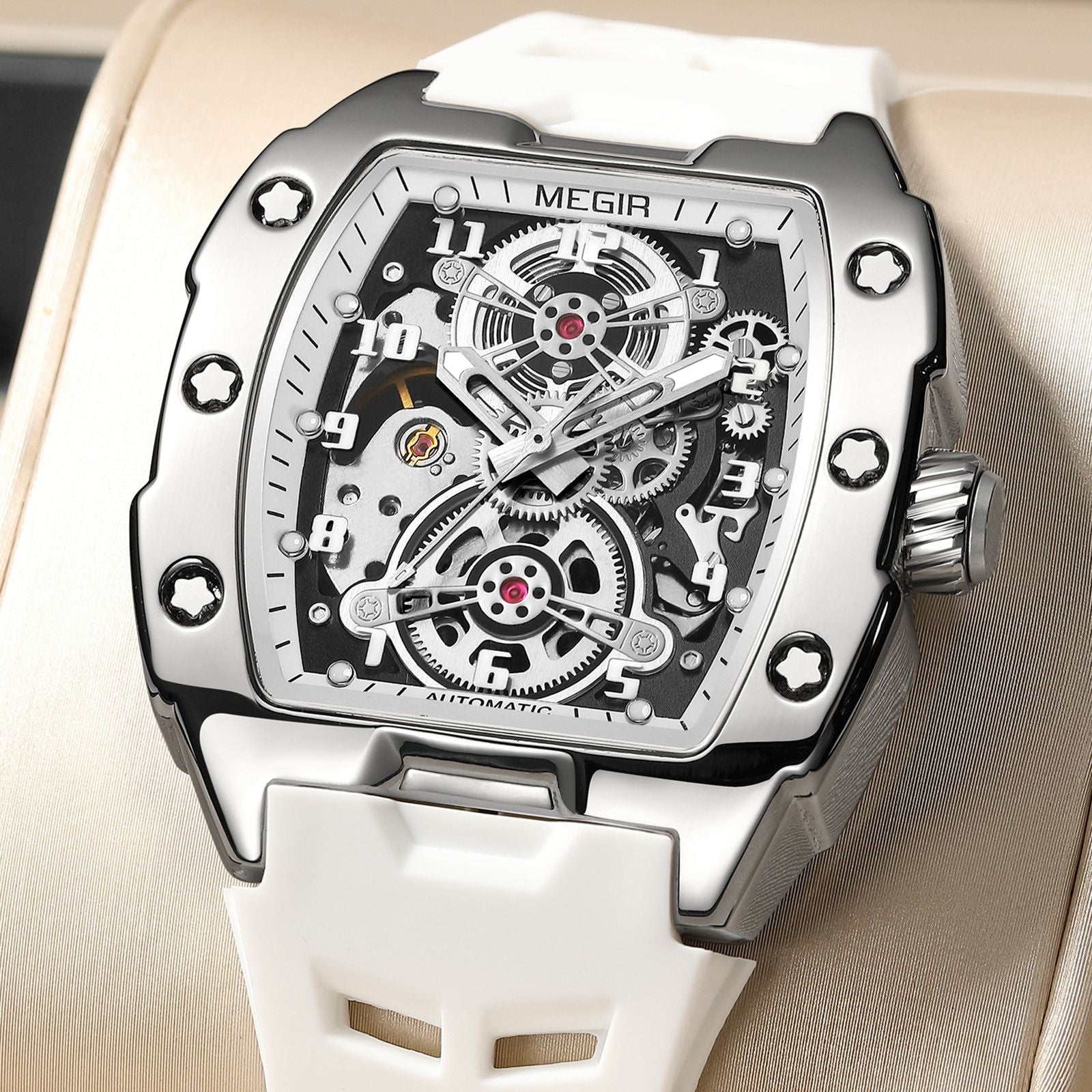 MEGIR New Men Watches Luxury Brand Automatic Mechanical Watch Skeleton Dial Silicone Strap Sports Casual Wristwatch Waterproof Clock Male Gift 8602