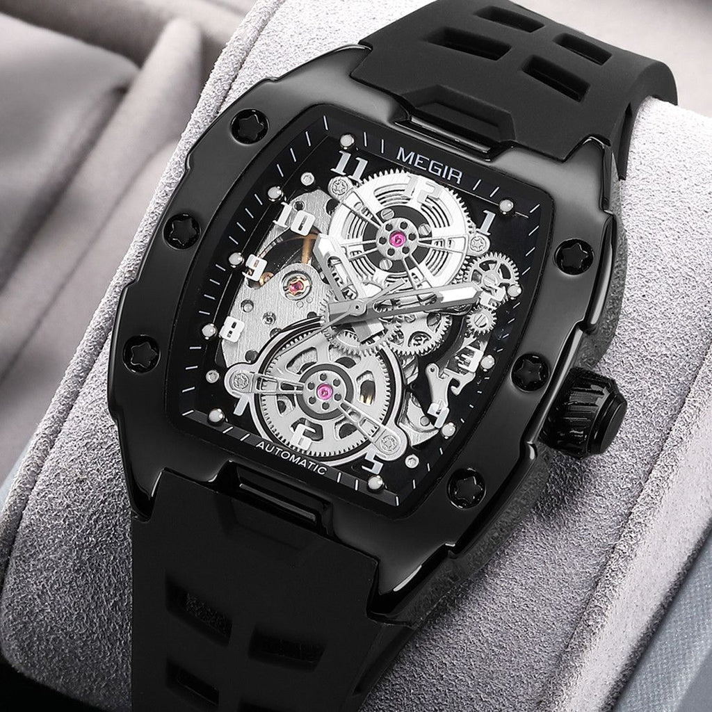 MEGIR New Men Watches Luxury Brand Automatic Mechanical Watch Skeleton Dial Silicone Strap Sports Casual Wristwatch Waterproof Clock Male Gift 8602