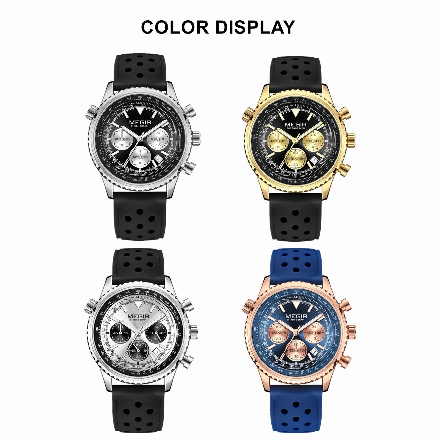 MEGIR Luxury Men Watches Fashion Silicone Band Quartz Military Wristwatch Waterproof Big Dial Male Sport Chronograph with Date Clock 2236