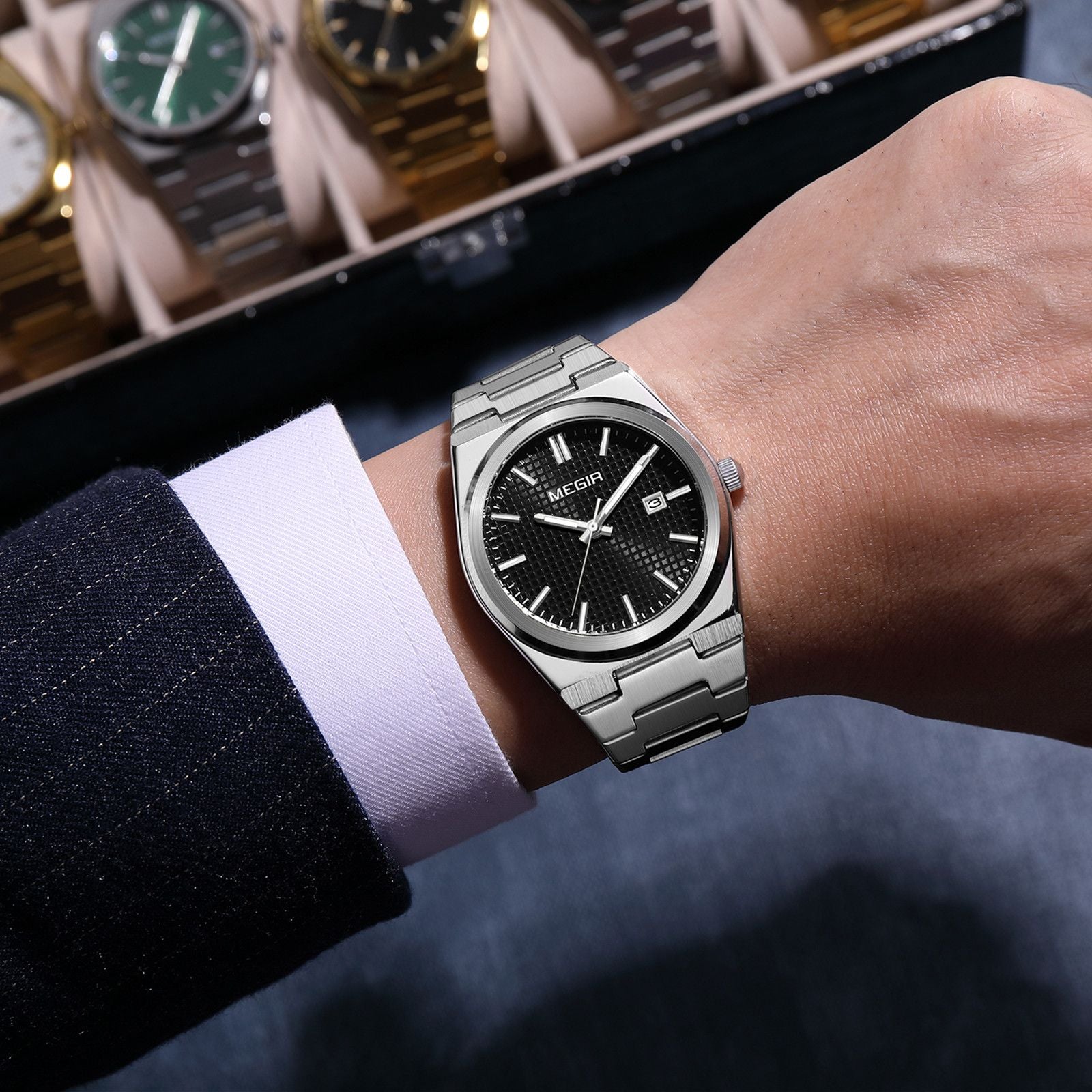 MEGIR Luxury Business Watches for Men Stainless Steel Strap Waterproof Calendar Male Quartz Wristwatch Clock Reloj Hombre 1086