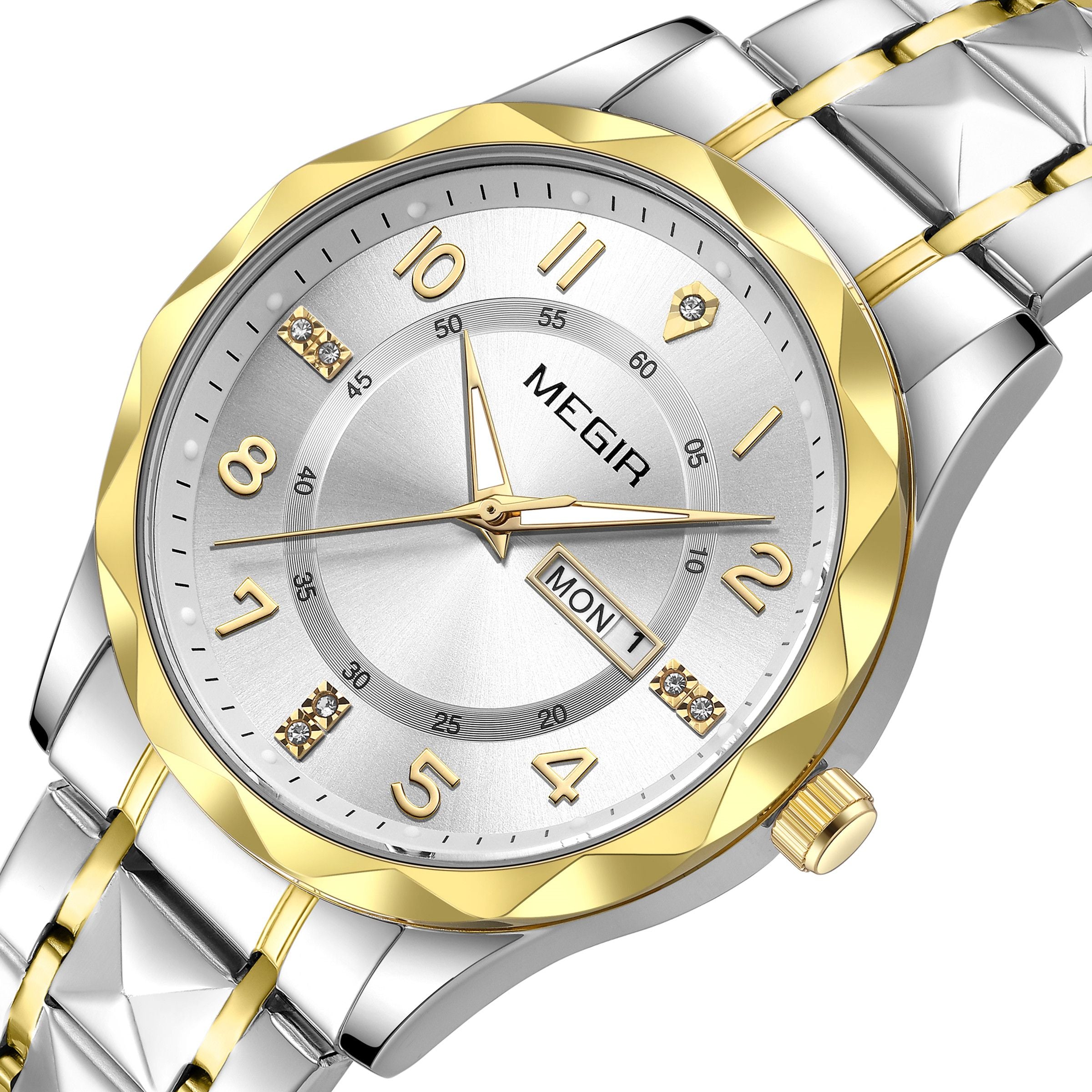 MEGIR Luxury Business Men Watches Stainless Steel Strap Clock Quartz Casual Wristwatch Waterproof Calendar Week Display 1093