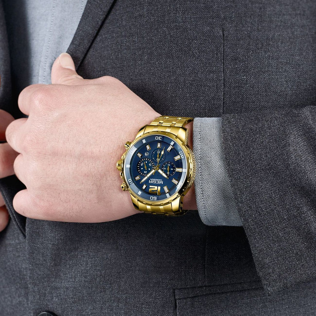 MEGIR Stainless Steel Business Watches for Men Luxury Quartz Casual Wristwatch Luminous Waterproof Date Clock Chronograph 2068