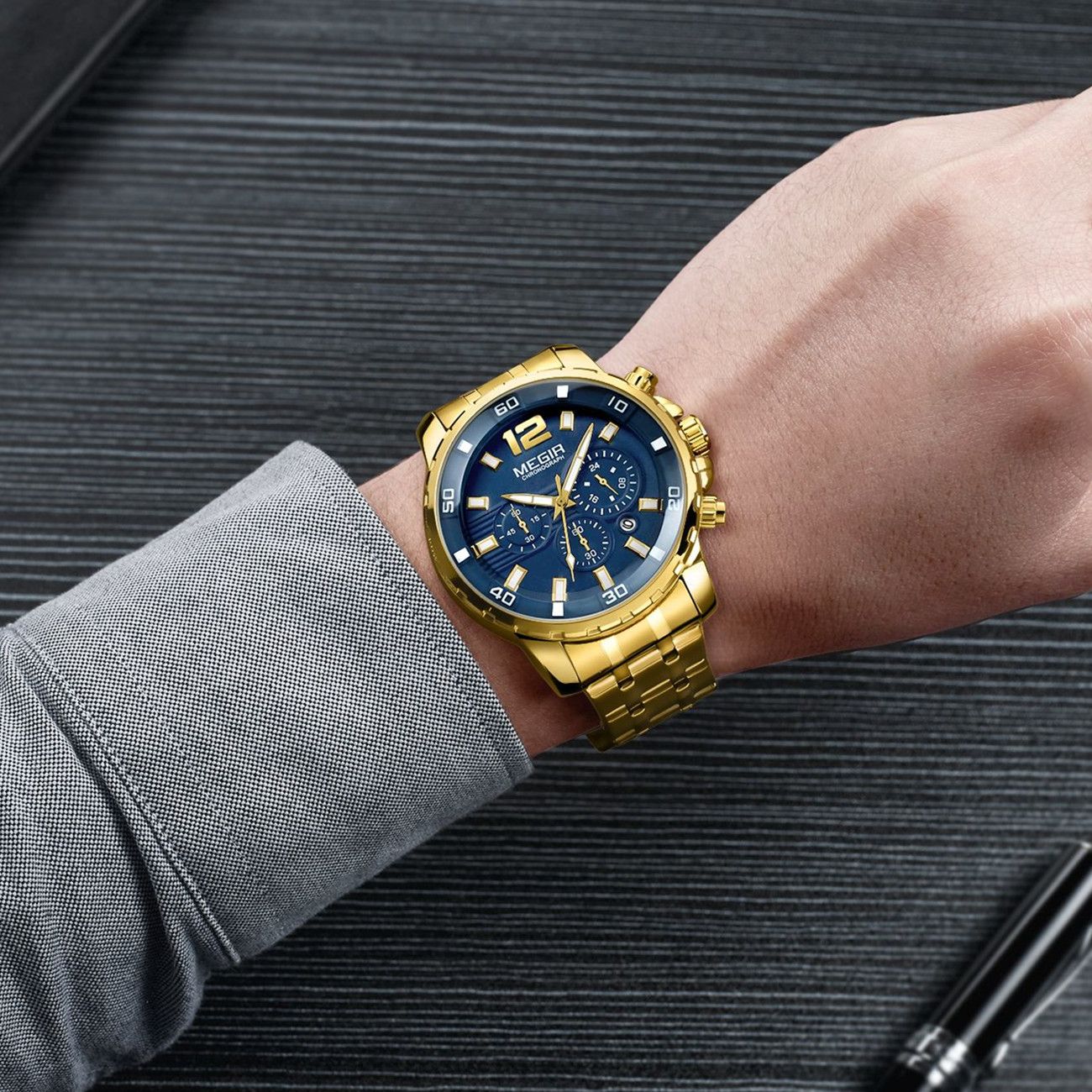 MEGIR Stainless Steel Business Watches for Men Luxury Quartz Casual Wristwatch Luminous Waterproof Date Clock Chronograph 2068