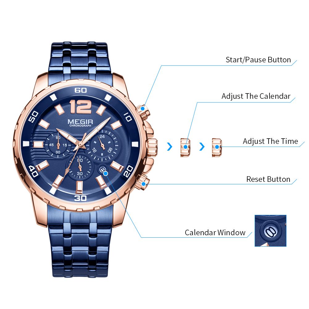 MEGIR Stainless Steel Business Watches for Men Luxury Quartz Casual Wristwatch Luminous Waterproof Date Clock Chronograph 2068