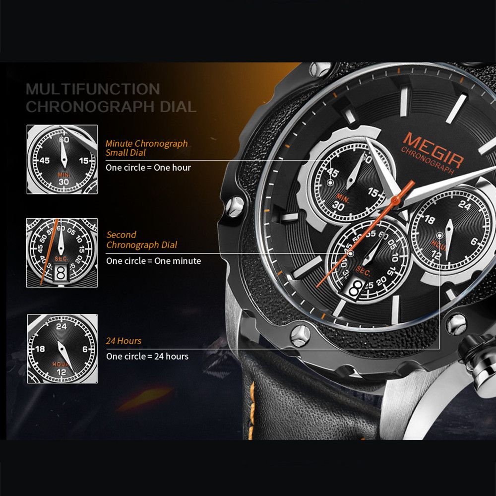 MEGIR Luxury Sport Watches for Men Waterproof Quartz Wrist Watch Chronograph Leather Military Wristwatch Clock Reloj Hombre 2070