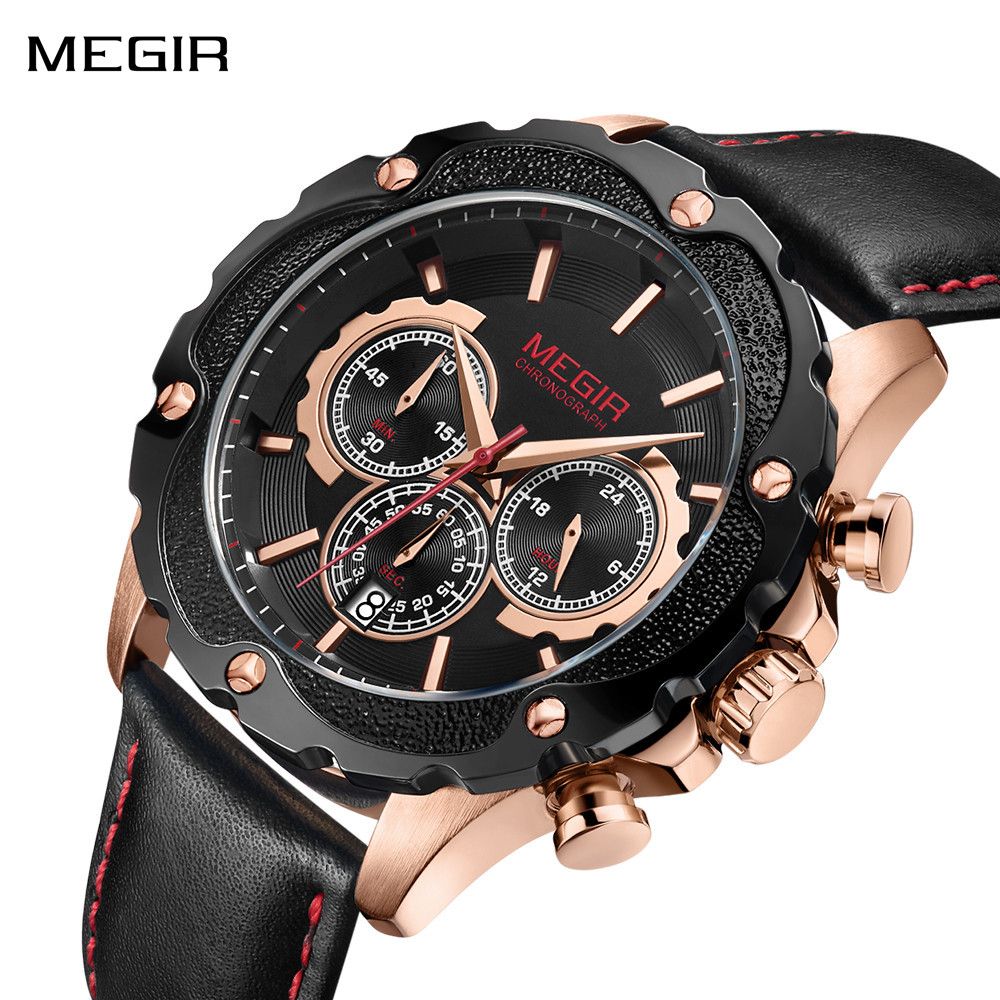 MEGIR Luxury Sport Watches for Men Waterproof Quartz Wrist Watch Chronograph Leather Military Wristwatch Clock Reloj Hombre 2070