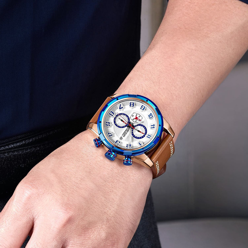 MEGIR Sport Watch for Men Leather Strap Quartz Military Wristwatch with Chronograph Waterproof Calendar Clock Reloj Hombre 2082