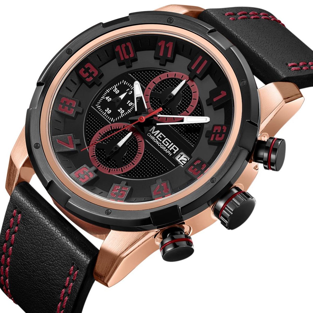 MEGIR Sport Watch for Men Leather Strap Quartz Military Wristwatch with Chronograph Waterproof Calendar Clock Reloj Hombre 2082