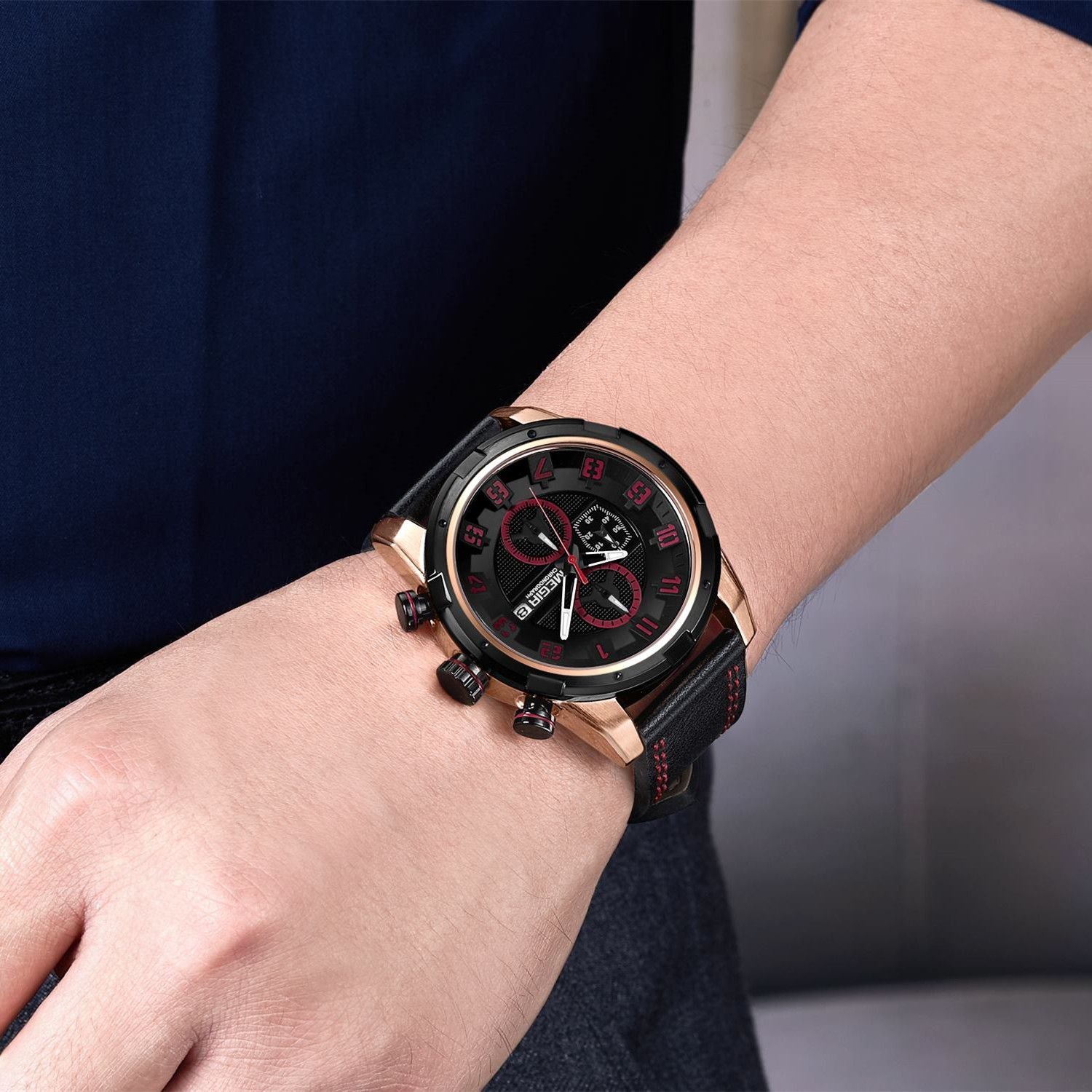 MEGIR Sport Watch for Men Leather Strap Quartz Military Wristwatch with Chronograph Waterproof Calendar Clock Reloj Hombre 2082