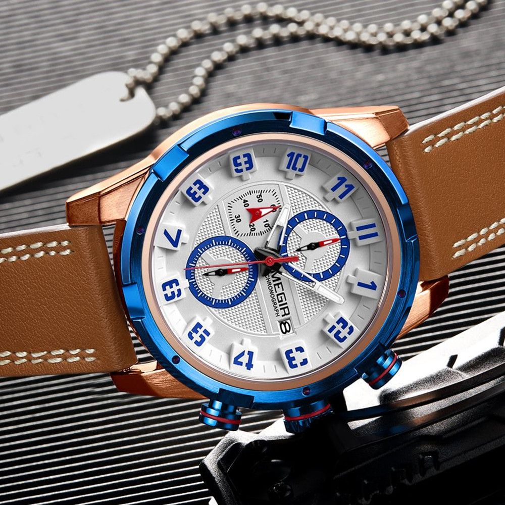 MEGIR Sport Watch for Men Leather Strap Quartz Military Wristwatch with Chronograph Waterproof Calendar Clock Reloj Hombre 2082