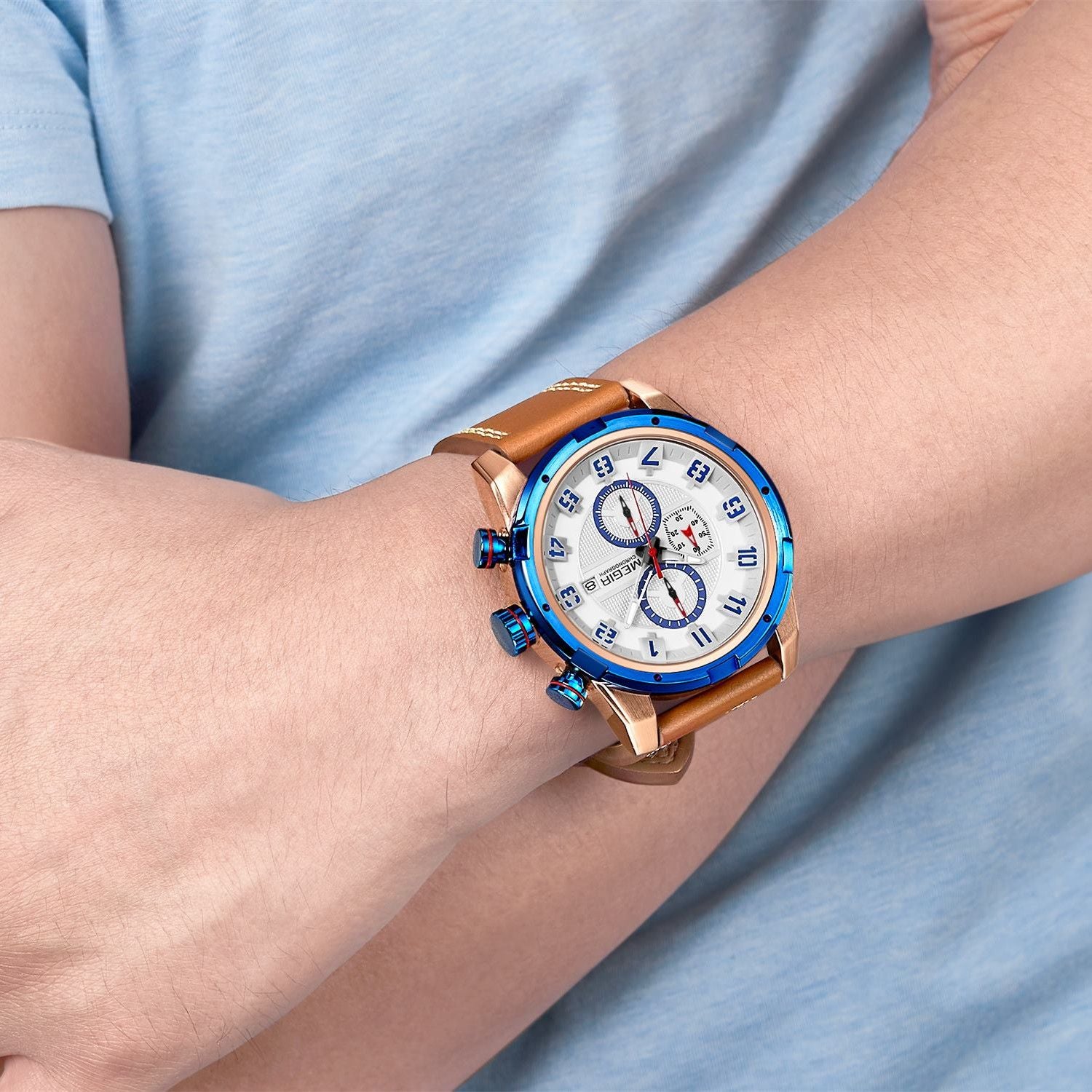 MEGIR Sport Watch for Men Leather Strap Quartz Military Wristwatch with Chronograph Waterproof Calendar Clock Reloj Hombre 2082