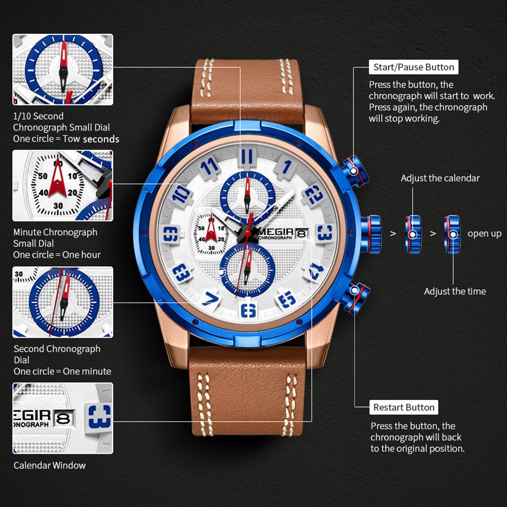 MEGIR Sport Watch for Men Leather Strap Quartz Military Wristwatch with Chronograph Waterproof Calendar Clock Reloj Hombre 2082