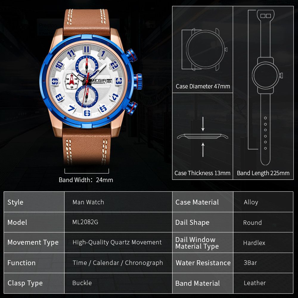 MEGIR Sport Watch for Men Leather Strap Quartz Military Wristwatch with Chronograph Waterproof Calendar Clock Reloj Hombre 2082