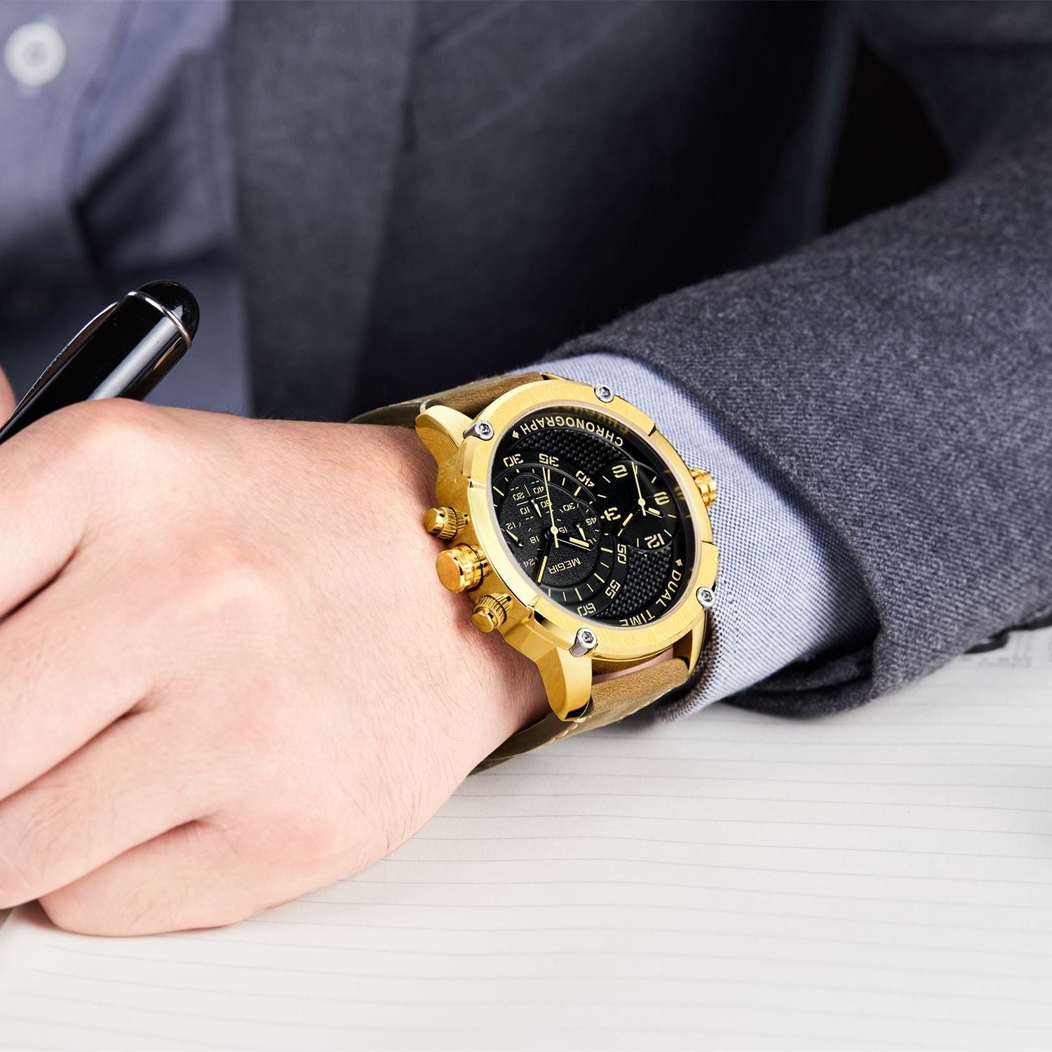 MEGIR Luxury Business Watches for Men Leather Strap Casual Sports Wristwatch Chronograph Waterproof Male Clock Reloj Hombre 2093