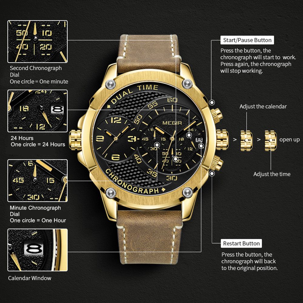 MEGIR Luxury Business Watches for Men Leather Strap Casual Sports Wristwatch Chronograph Waterproof Male Clock Reloj Hombre 2093