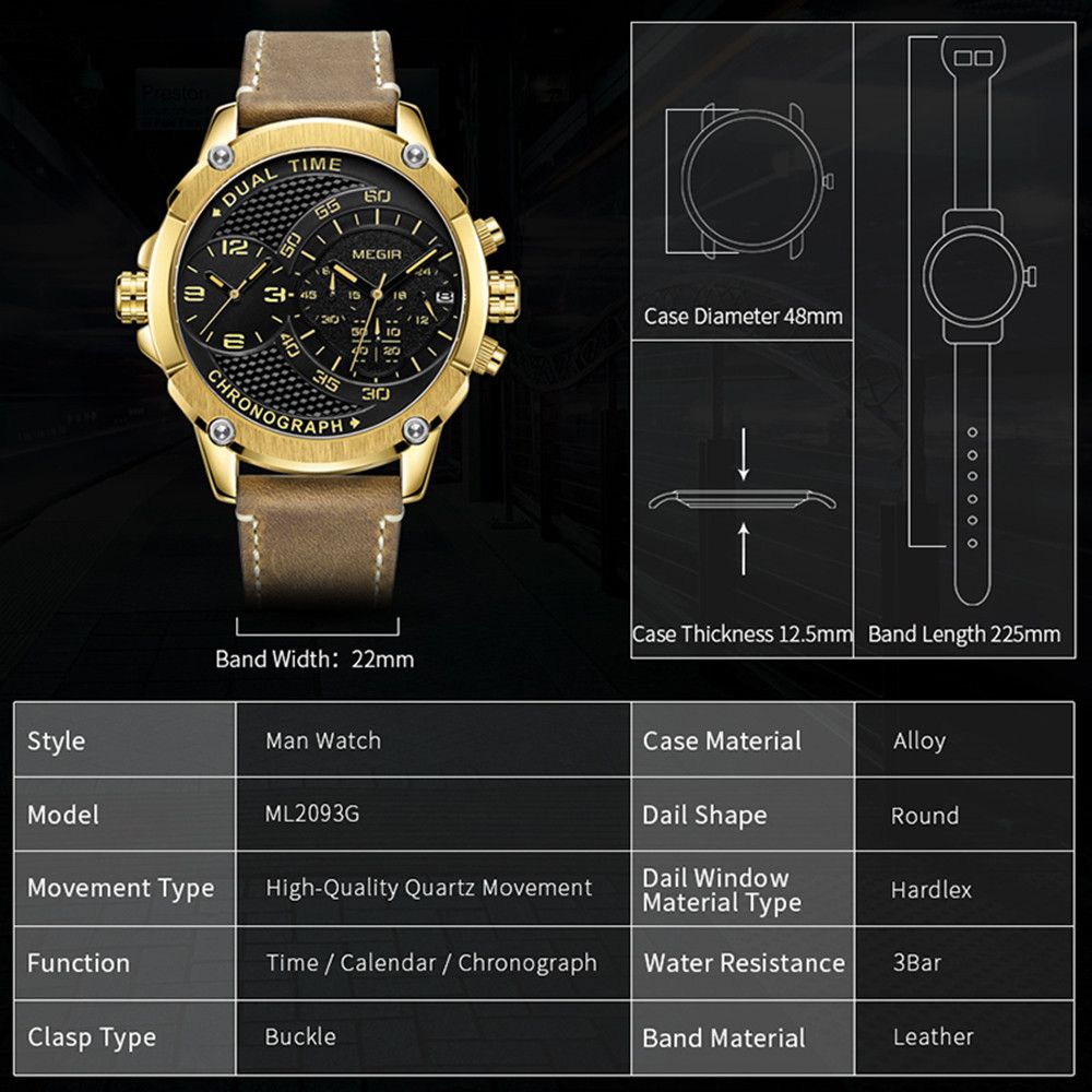 MEGIR Luxury Business Watches for Men Leather Strap Casual Sports Wristwatch Chronograph Waterproof Male Clock Reloj Hombre 2093