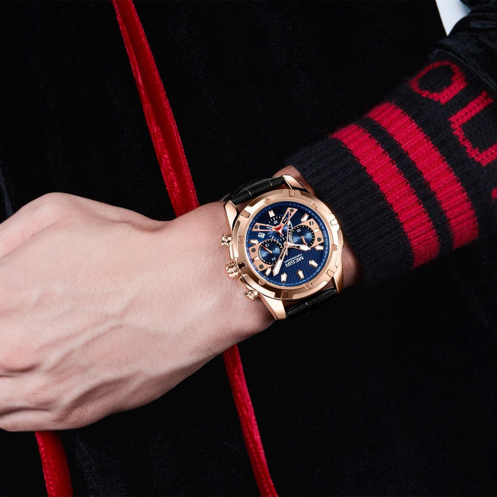 MEGIR Luxury Men Sport Watches Leather Military Quartz Wristwatch Waterproof Man Chronograph Clock 24 hour Montre Homme 2102