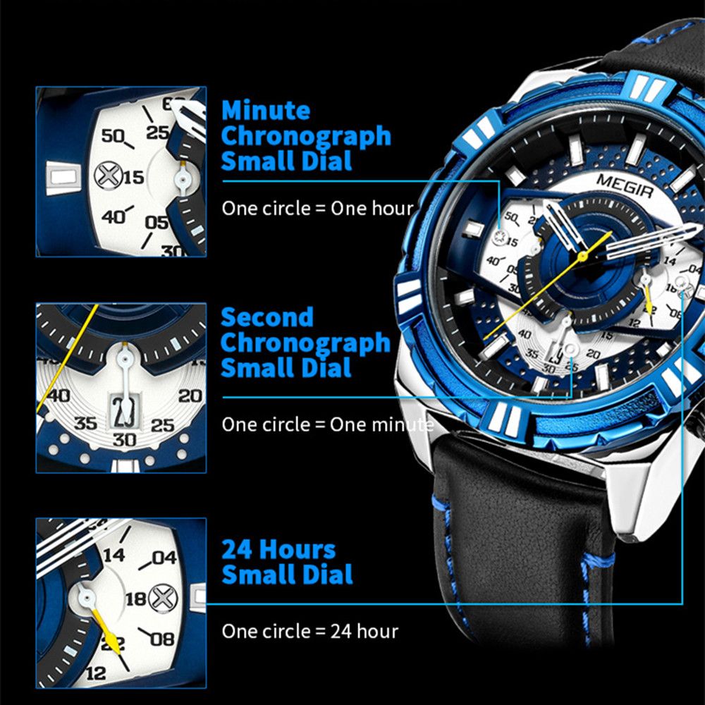 MEGIR Luxury Men Casual Sport Watch Leather Strap Quartz Wristwatch Waterproof Calendar Man Chronograph Clock Montre Homme 2118