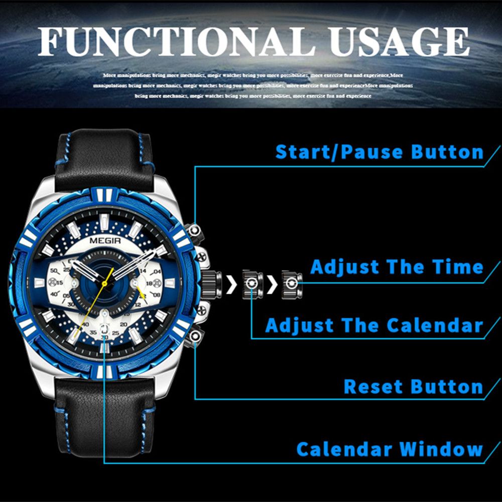 MEGIR Luxury Men Casual Sport Watch Leather Strap Quartz Wristwatch Waterproof Calendar Man Chronograph Clock Montre Homme 2118
