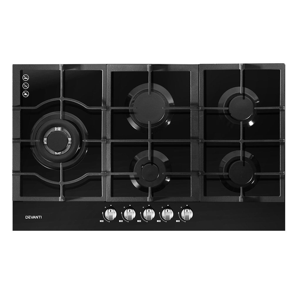 NNEDSZ Gas Cooktop 90cm 5 Burner Stove Hob Cooker Kitchen NG LPG Black Glass-0