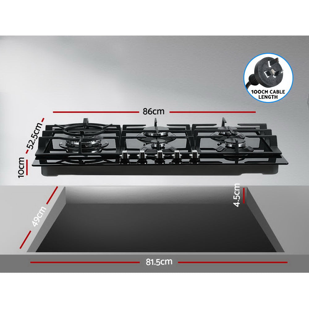 NNEDSZ Gas Cooktop 90cm 5 Burner Stove Hob Cooker Kitchen NG LPG Black Glass-1