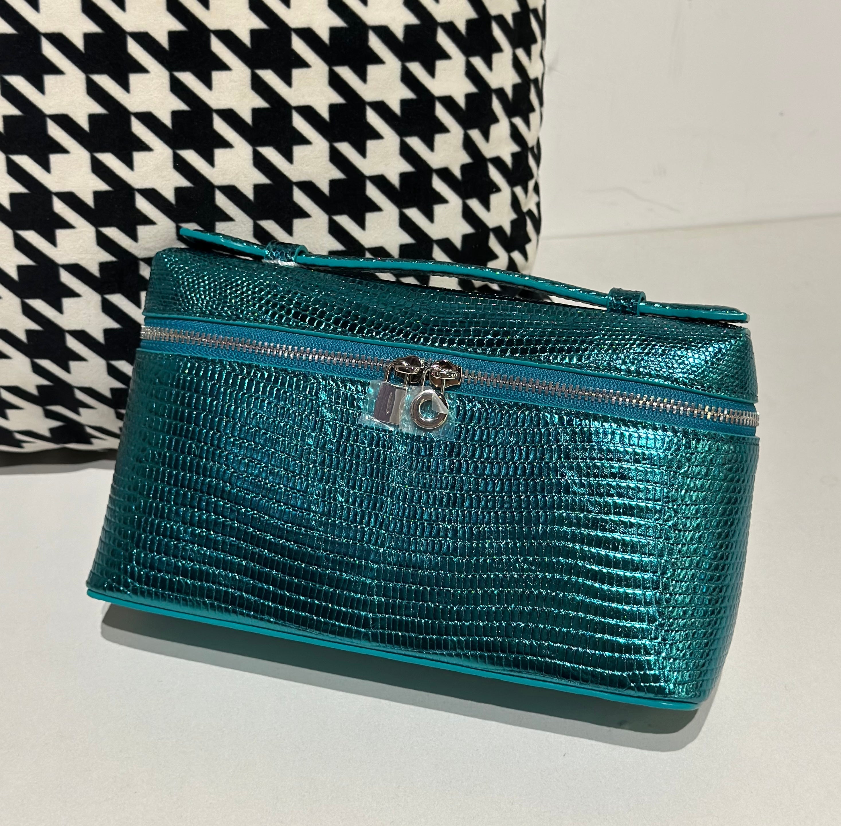 Genuine Lizard Skin Leather Zipper Cosmetic Handle Bag-10