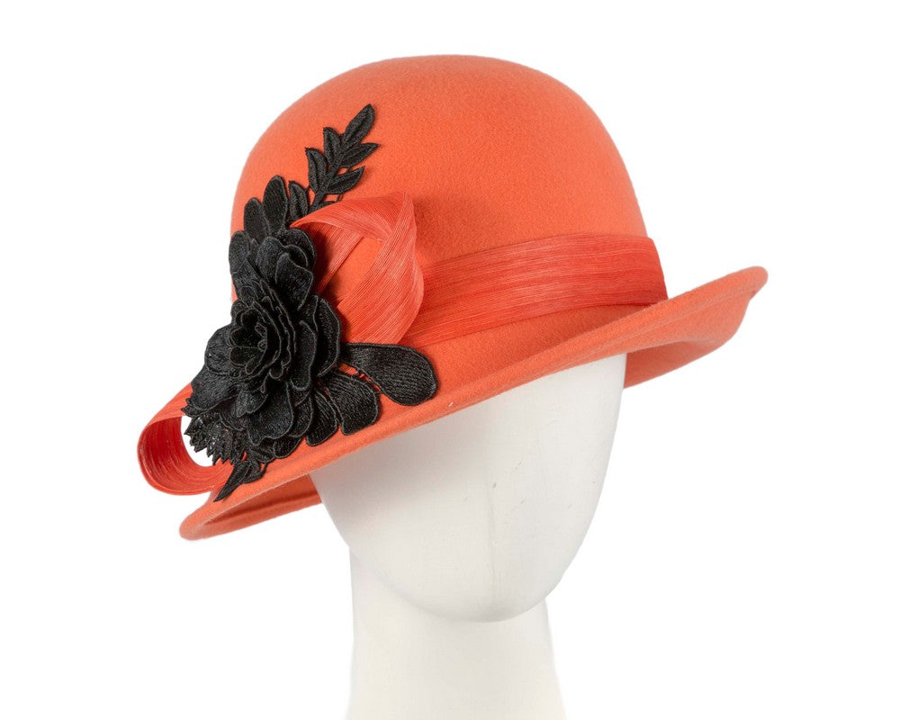 Orange felt cloche hat with lace by Fillies Collection-0