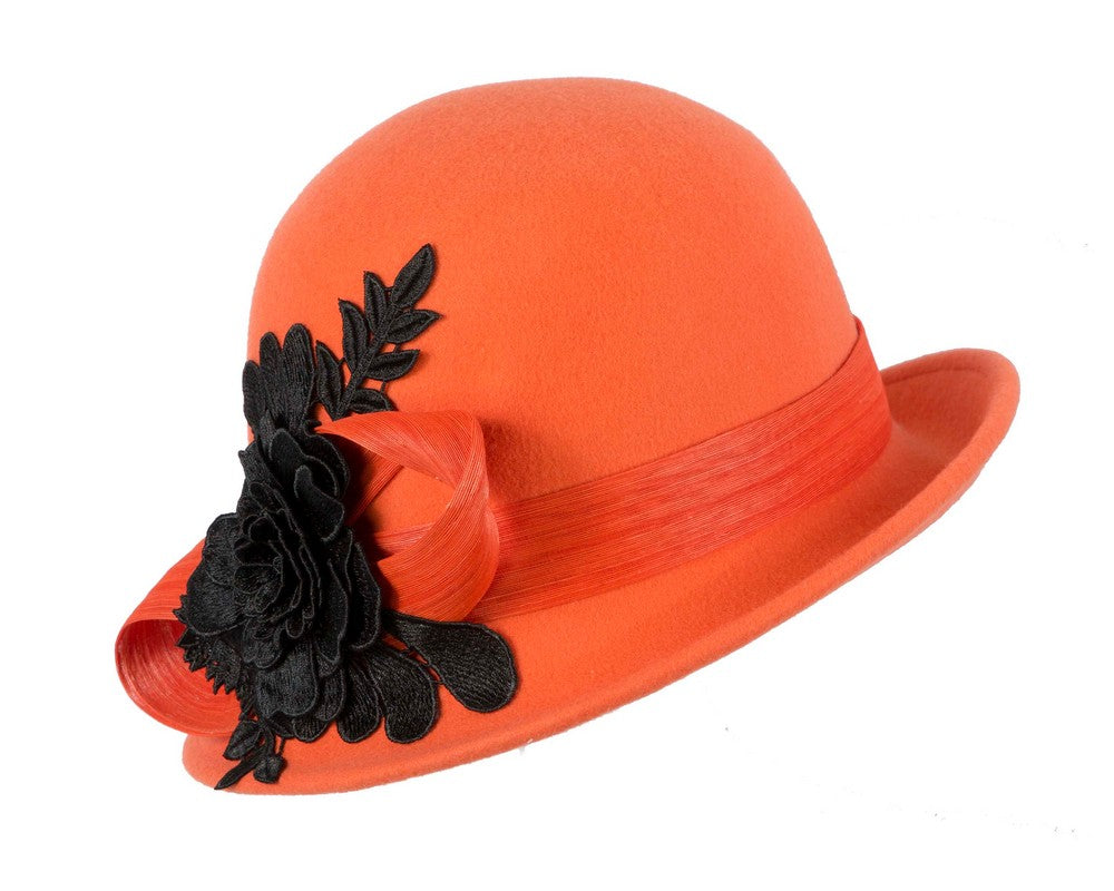 Orange felt cloche hat with lace by Fillies Collection-1