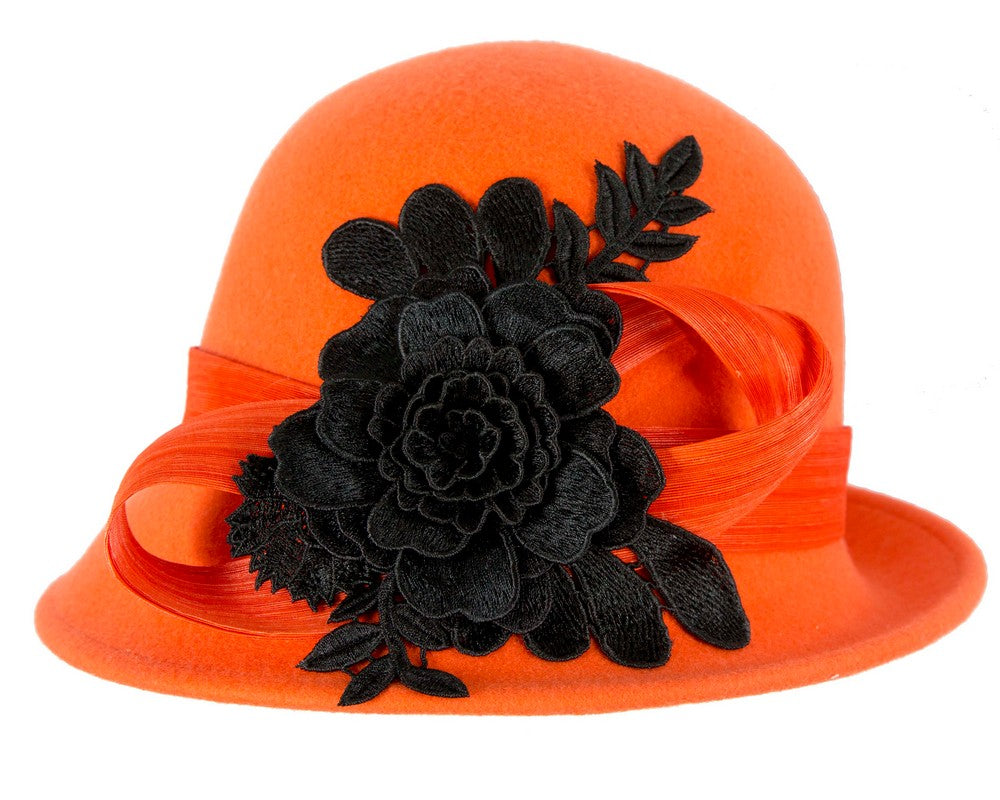 Orange felt cloche hat with lace by Fillies Collection-3