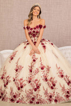 3-D Flower Embroidery Off Shoulder Mesh Quinceanera Gown-0