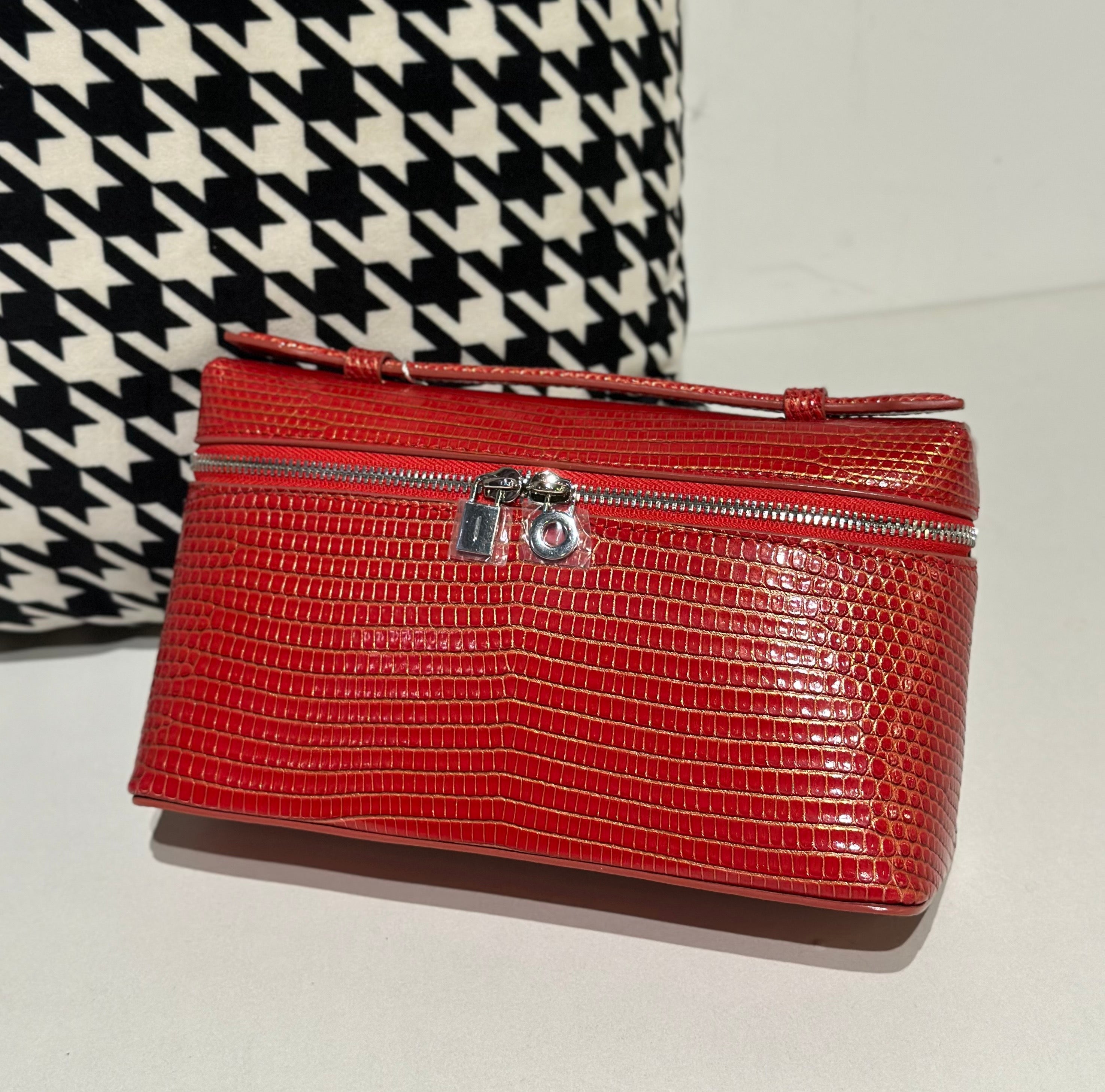 Genuine Lizard Skin Leather Zipper Cosmetic Handle Bag-0