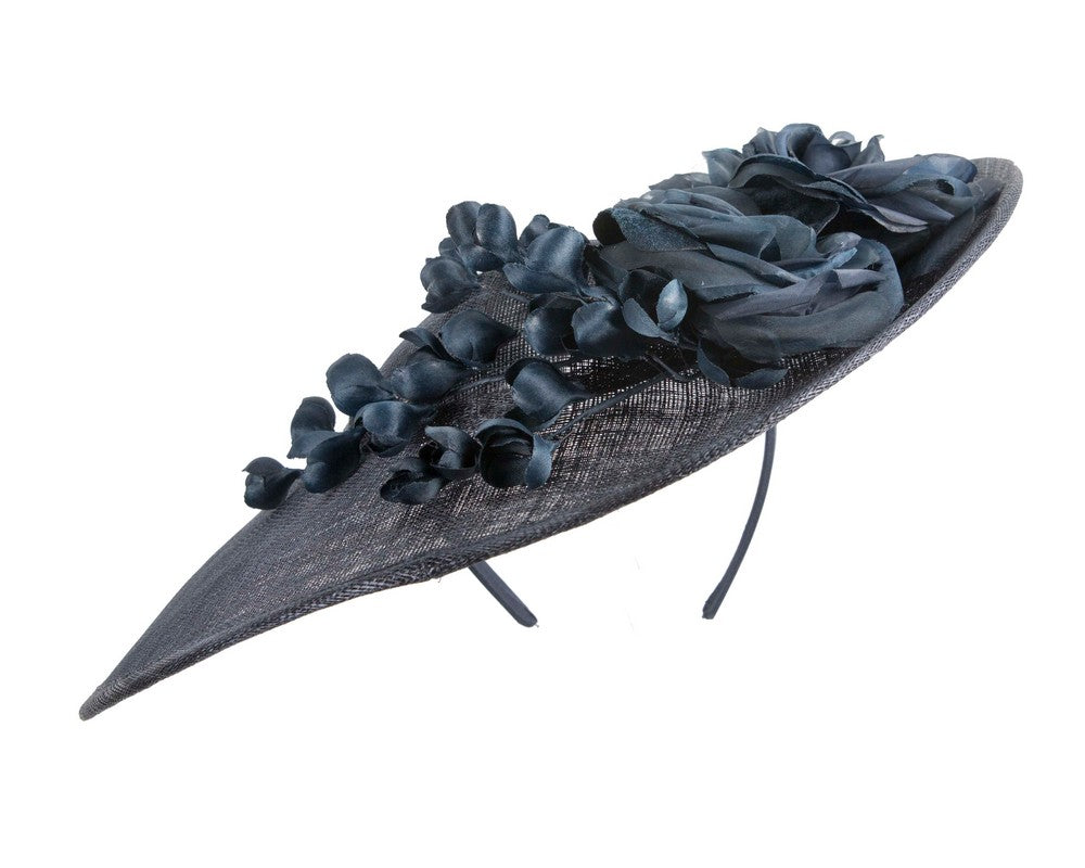 Large navy sinamay fascinator hat with flowers by Max Alexander