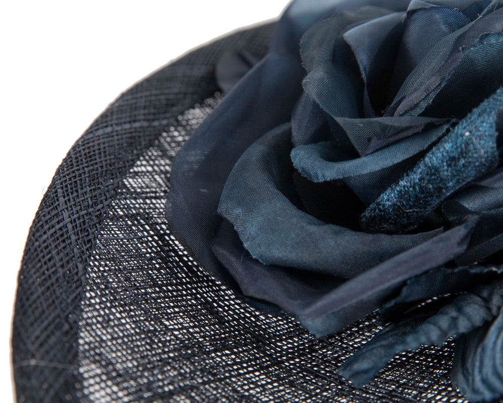 Large navy sinamay fascinator hat with flowers by Max Alexander