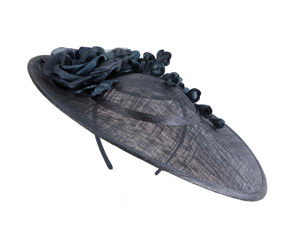 Large navy sinamay fascinator hat with flowers by Max Alexander