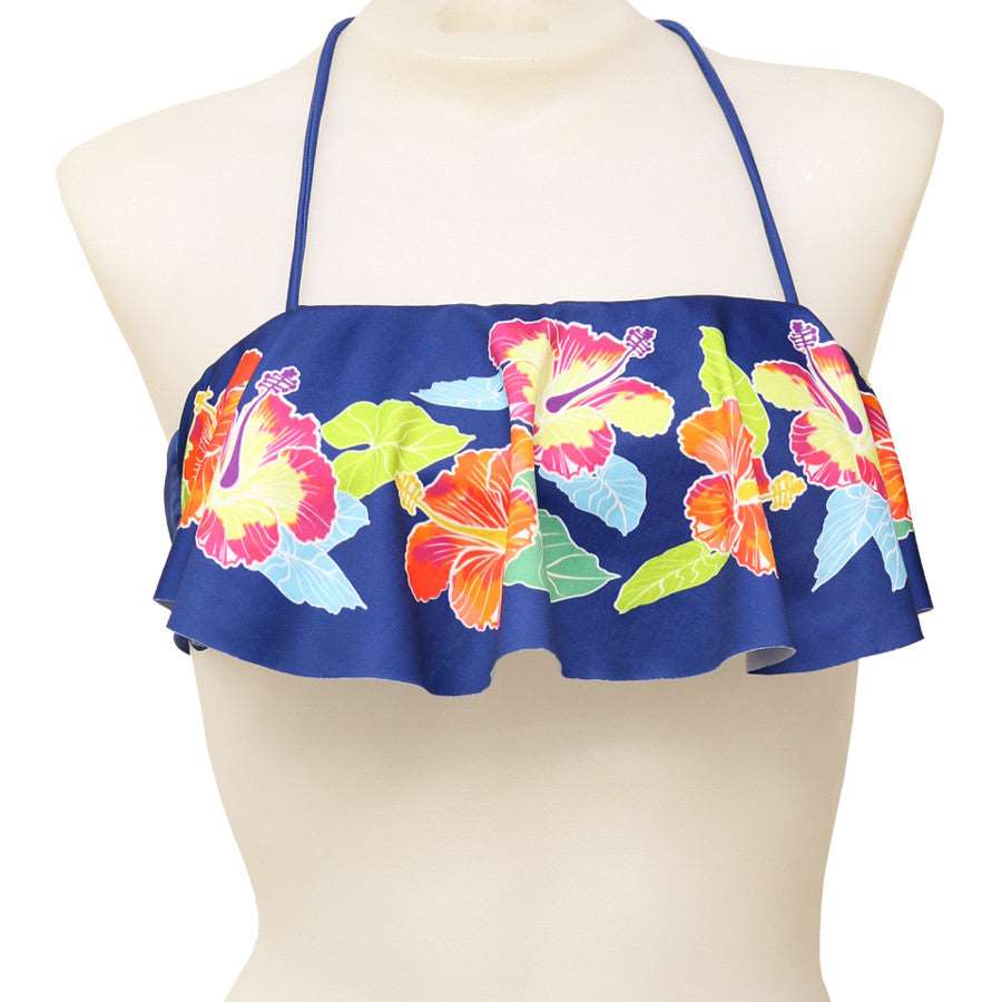 Loco Boutique Multi-Color Hibiscus Long Flounce Bandeau Bikini Top-0