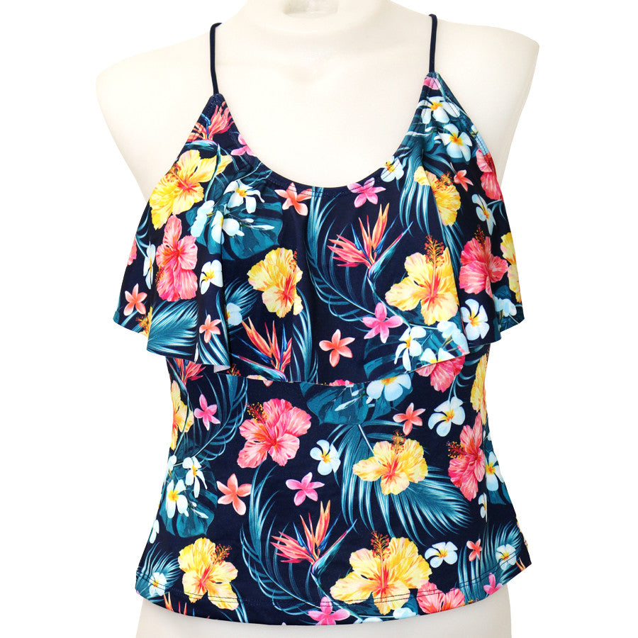 Loco Boutique Hawaiian Flower Flounce Front Tankini Top-2